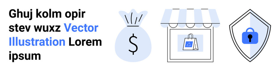 Money bag, shopping bag in storefront, and security shield with lock emphasizing e-commerce, secure purchases, data privacy, small business, online transactions, financial safety. Ideal for retail