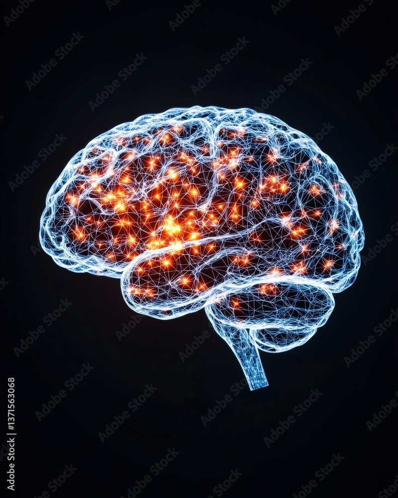 Poster brain with glowing orange and blue lines representing neural connections and advanced technology