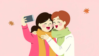 Obraz premium smiling couple taking a cheerful winter selfie