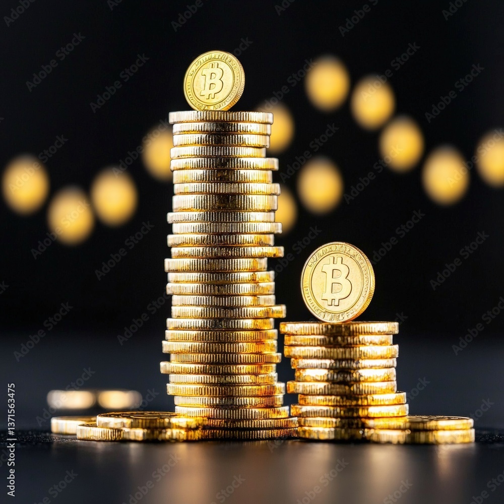 Poster a stack of shiny gold bitcoin coins piled up on a clean surface with a soft focus background effect