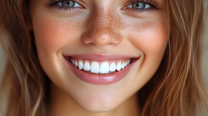 Fototapeta premium A smiling woman reveals perfect teeth after cosmetology or dentistry, emphasizing oral hygiene and beauty.