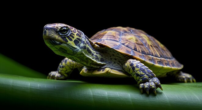A captivating portrait of a radiant box turtle on a vibrant green leaf