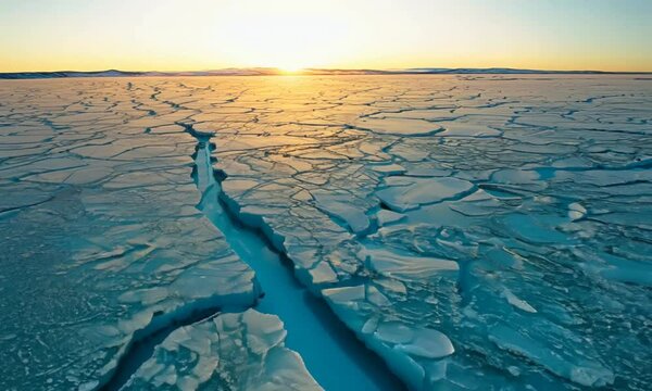 View from a drone to the ground covered with ice at the morning