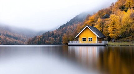 Yellow cabin on a lake in autumn