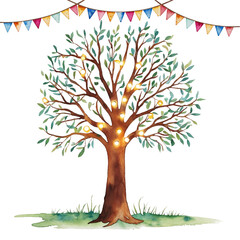 Watercolor Tree with Lights and Colorful Bunting