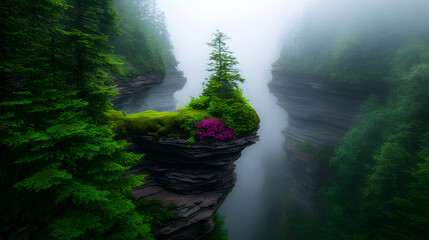 Misty Mountain Gorge with Lush Greenery and Purple Flowers