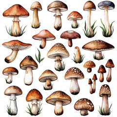 Watercolor Mushrooms Collection: Various Species with Detailed Illustrations