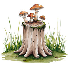 Watercolor Illustration of Mushrooms Growing on a Tree Stump