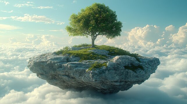 A solitary tree atop a floating rocky island symbolizes stability and solitude in a vast sky, evoking isolation, balance, and tranquility.