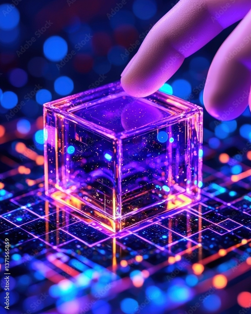 Poster close-up of a hand touching a cube key on a computer keyboard in a productive workspace setting