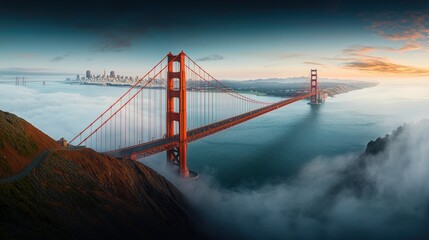 Obraz premium Golden Gate Bridge at Sunrise, City Skyline, Fog