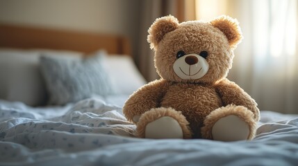 Fototapeta premium A teddy bear on a hospital bed offers comfort and companionship during illness, providing emotional support to a young patient in medical treatment.