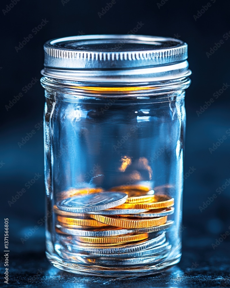 Aufkleber a transparent jar filled with assorted coins of different shapes and sizes on a wooden table