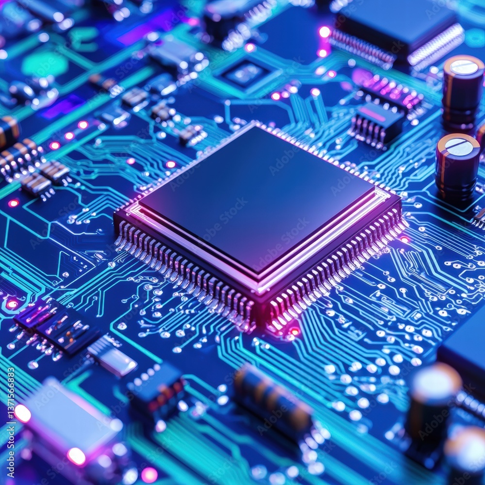 Poster a close-up view of a microprocessor embedded in a circuit board highlighting technological component
