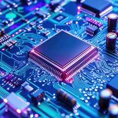 A close-up view of a microprocessor embedded in a circuit board highlighting technological components