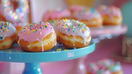 Colorful Frosted Donuts with Sprinkles on a Decorative Stand