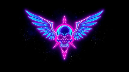 "A digital artwork features a skull with glowing red eyes, set against a dark background. The skull, rendered in shades of blue and purple, appears to be floating in a cosmic void. The eyes, illuminat