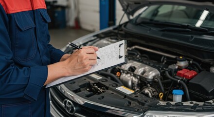 Male Mechanic in Blue Uniform Performing Inspection on Car Engine in Repair Shop with Maintenance Checklist