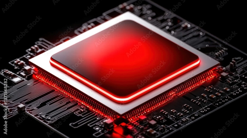 Poster close-up view of a red cpu chip against a clean white background highlighting its intricate design