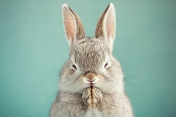 Obraz premium Cute gray rabbit with folded paws against a soft turquoise background