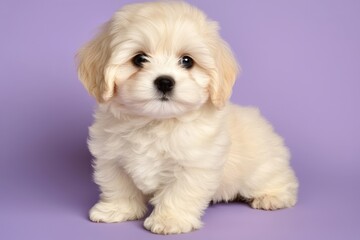 Adorable fluffy puppy sitting on a pastel purple background