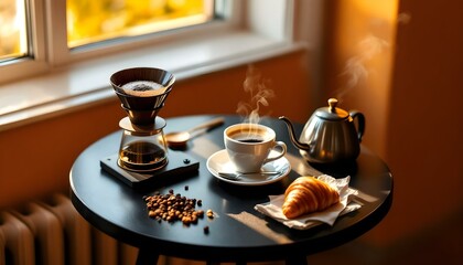 A black round table by the window with a coffee dripper, grinder, chocolate croissant, spoon, kettle, and a steaming coffee cup.