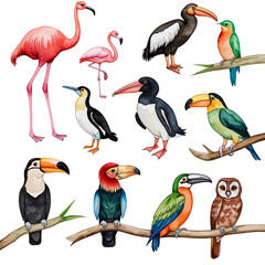 Naklejka premium Watercolor Tropical Birds Collection: Flamingos, Penguins, Toucans & More