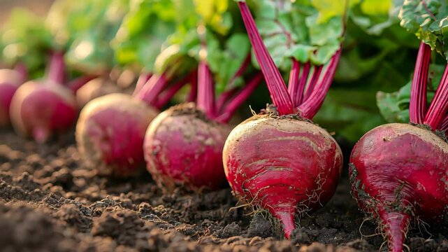 Harvesting fresh beets from organic garden in spring sunlight with vibrant greens in background