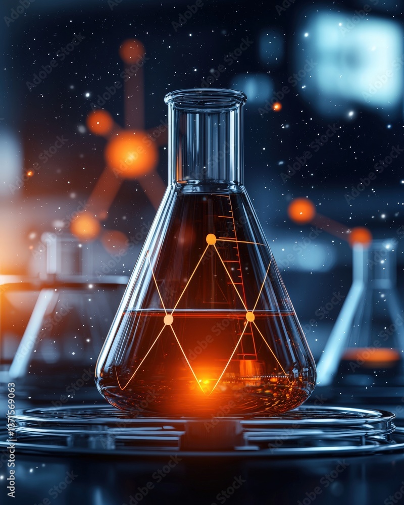 Poster flask containing a glowing orange substance highlighted in a dark setting within a laboratory space