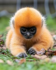 Fototapeta premium Cute Baby Monkey with Fluffy Orange Fur in Natural Habitat Setting