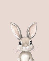Obraz premium Cute cartoon rabbit with large ears and expressive eyes on beige background