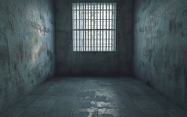 A stark gray prison cell with high concrete walls and barred window depicting confinement
