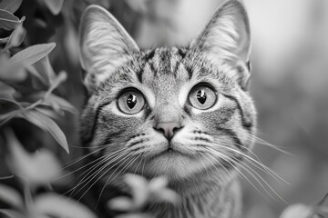 Close-up of tabby cat with intense gaze and blurred background