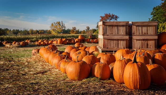 Pumpkin patch with beautifully arranged pumpkins of various sizes, surrounded by rustic wood.