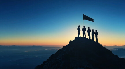 A group of people silhouetted on a mountain peak with a flag at sunrise