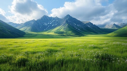 A vast green meadow stretches towards majestic mountains under a cloudy sky, creating a serene, picturesque landscape that invites tranquility and appreciation of nature's beauty.