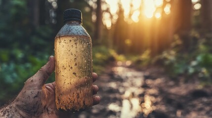 Collecting contaminated water samples in forest during sunset nature conservation environmental awareness campaign close-up perspective