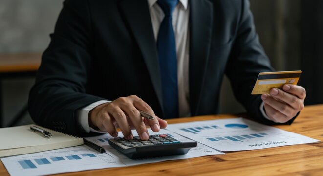 A Professional Adult Male in a Suit Using a Calculator and Holding a Credit Card While Analyzing Financial Reports on a Wooden Desk