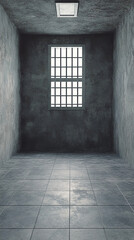 A desolate gray prison cell with high concrete walls and bars evokes feelings of isolation and confinement
