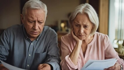 Anxious senior couple examining bills or financial papers with worried expressions at their table
