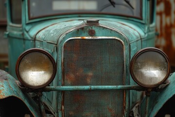 Front view of vintage turquoise car with rust and chrome details