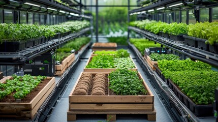 Indoor hydroponic farm with rows of plants
