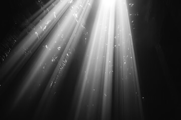 Black and white rays of light filtering through water in underwater scene