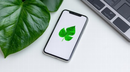 A modern smartphone with a leaf resting on its screen merging technology and nature in harmony