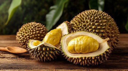 Vibrant durian with its spiky shell cracked open, revealing creamy yellow pulp 