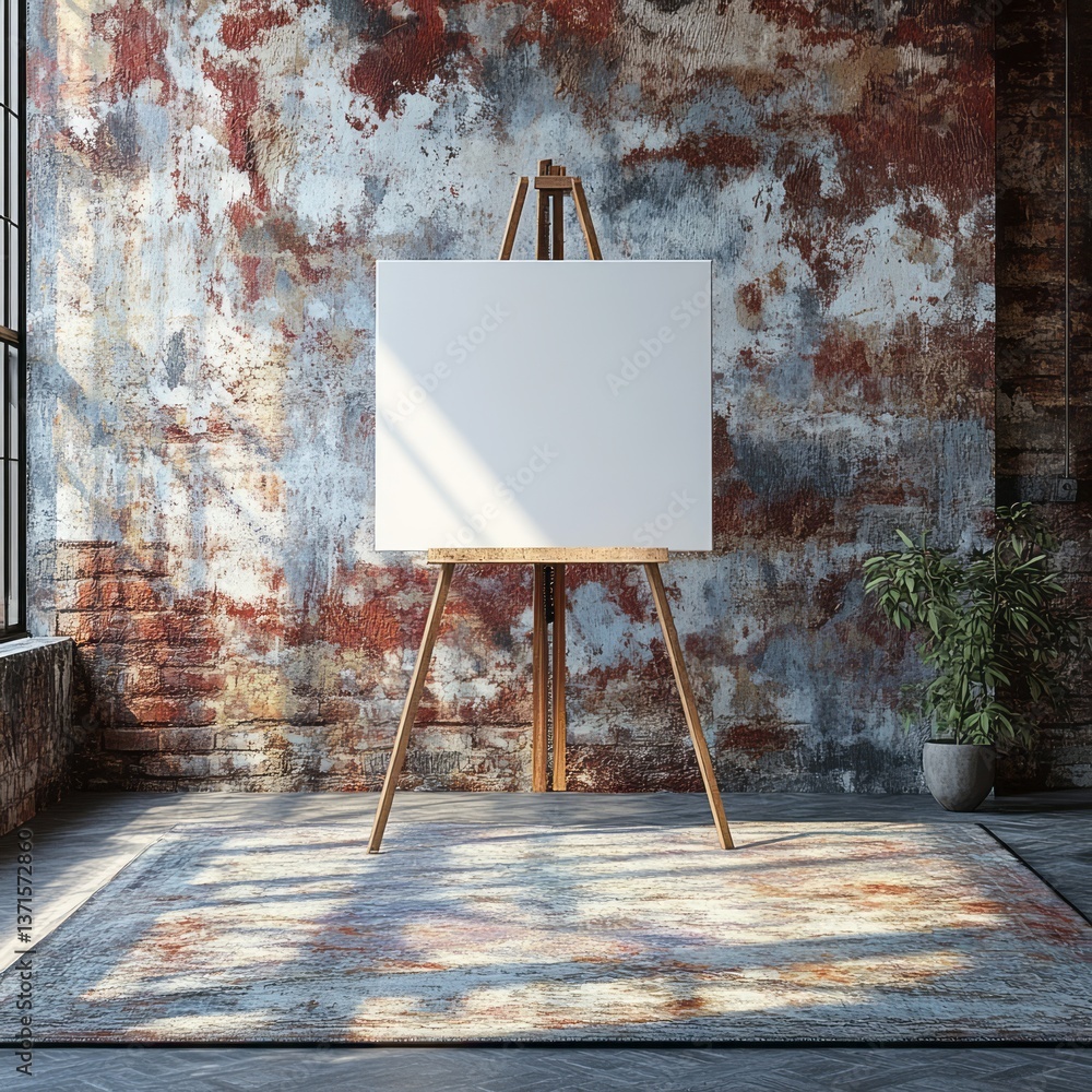 Poster a blank canvas sits on an easel in a rustic studio