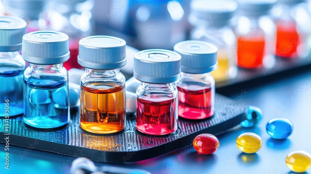 Poster assortment of colorful liquids in transparent glass containers displaying a vibrant spectrum of colo
