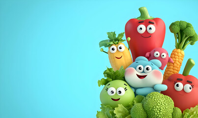 Colorful Cartoon Vegetables and Fruits with Happy Expressions