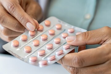 Emergency contraception and pregnancy concept asian young woman hand holding birth control pills, hormonal oral contraceptive medicine at home, take pharmaceutical to prevention virus sex disease.