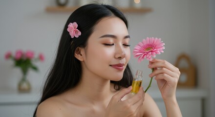 Fototapeta premium A Young Asian Woman Smelling a Flower While Holding a Bottle of Perfume in a Decorated Indoor Space with Soft Lighting and Floral Accents
